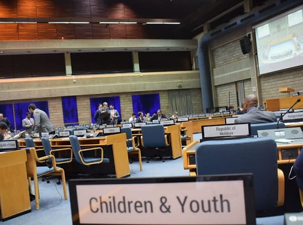 Children and Youth placard at a UNEP conference room